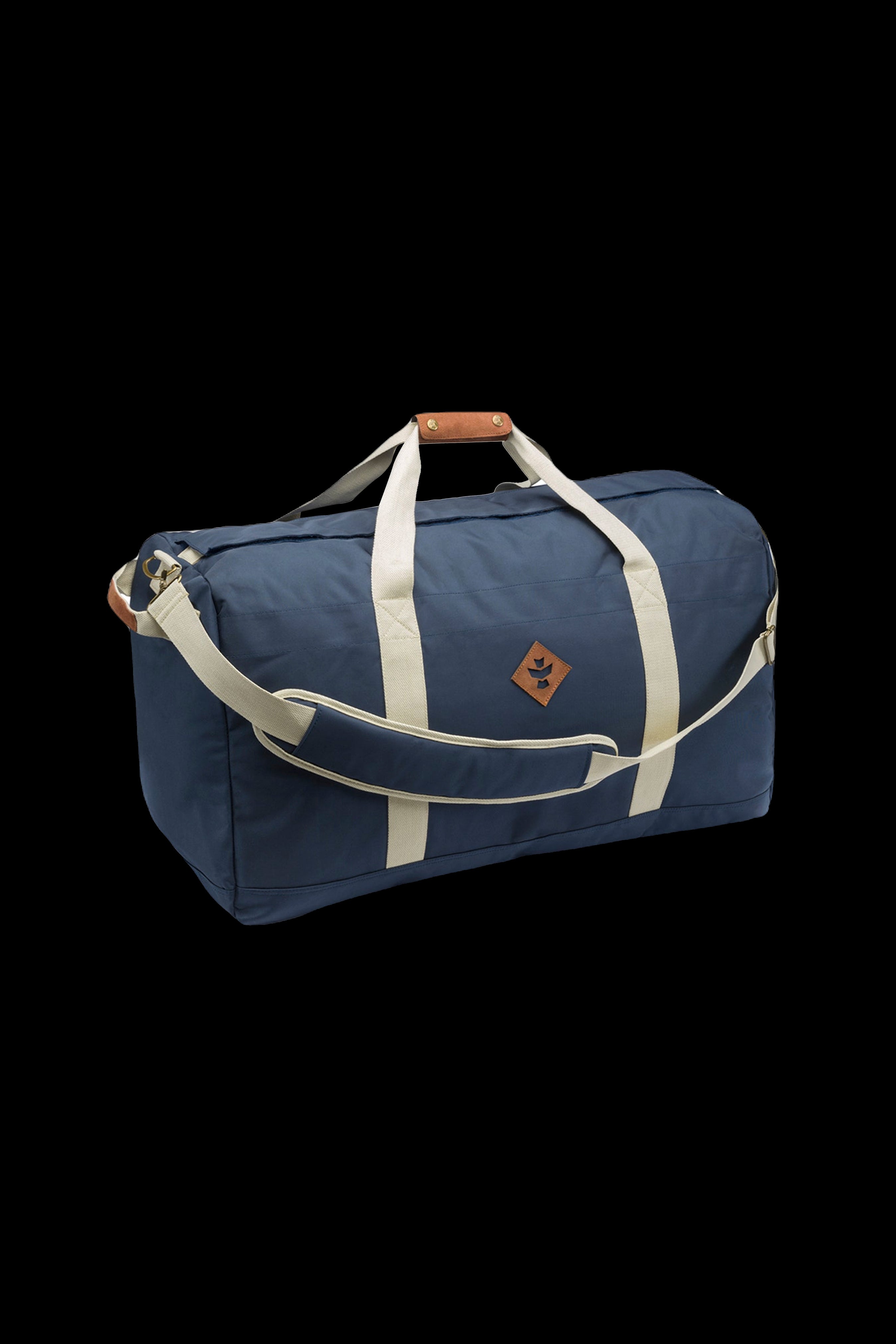 Navy blue duffel bag with cream-colored straps, designed for discreet cannabis accessory transport.