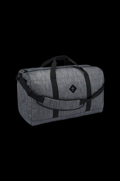 Gray duffel bag with black straps, designed for discreet cannabis accessory transport.