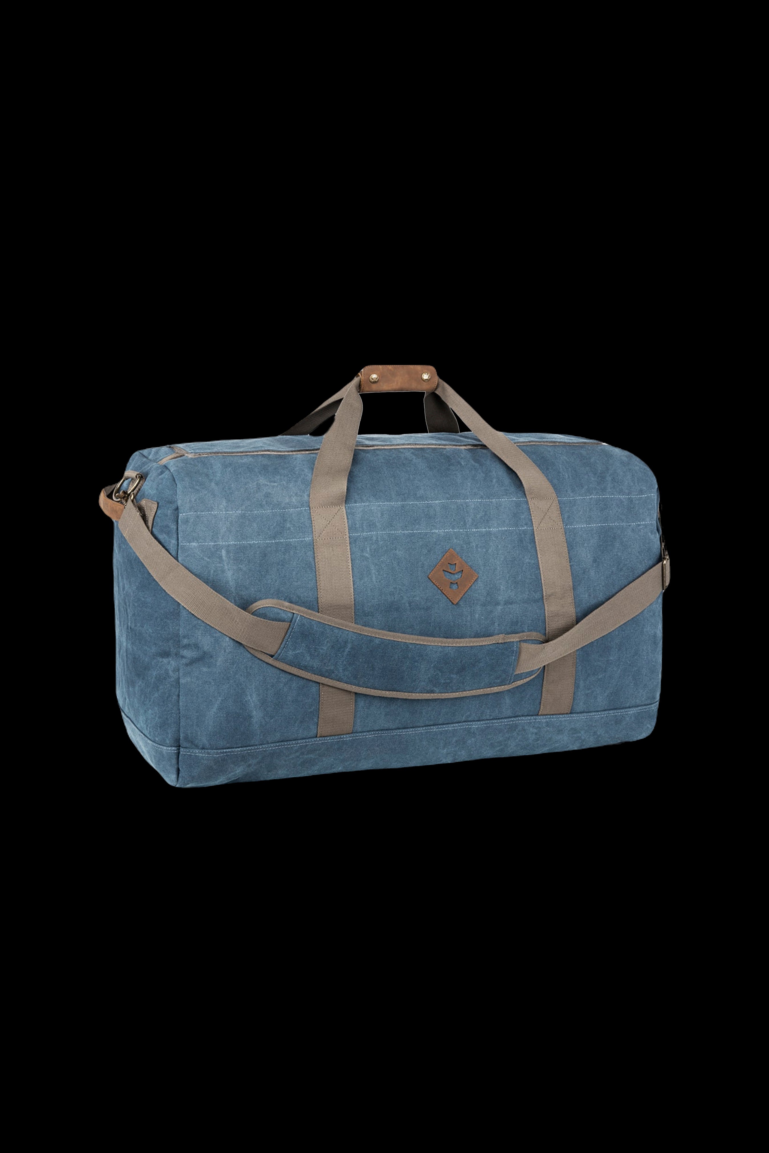 Blue canvas duffel bag with leather accents, designed for discreet cannabis accessory storage and travel.
