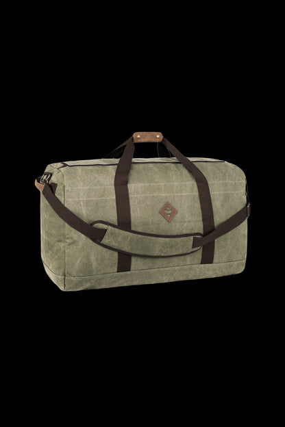Olive green cannabis carry bag with leather accents and a diamond logo.
