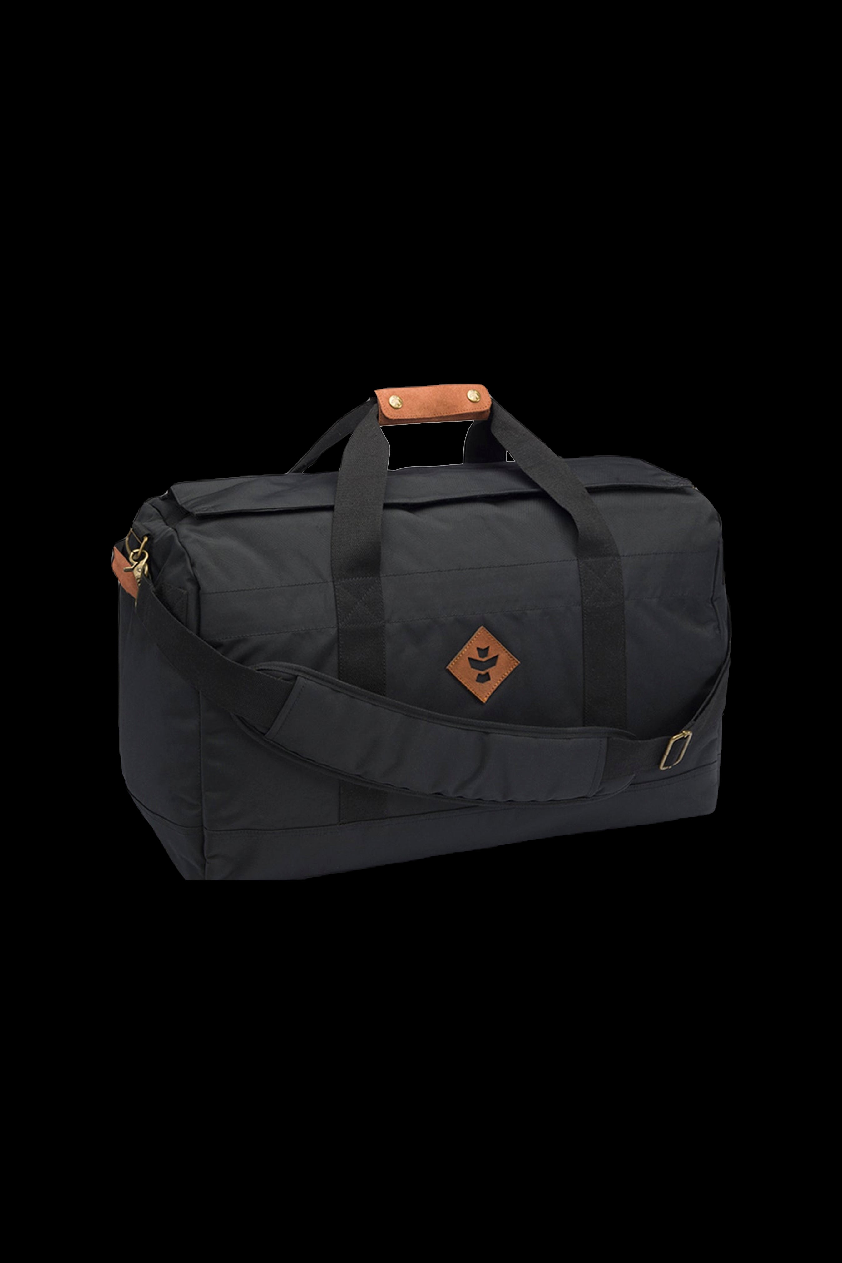 Black cannabis accessories bag with leather accents and a diamond-shaped logo.