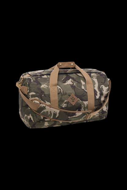 Camouflage cannabis accessories bag with brown leather handles.