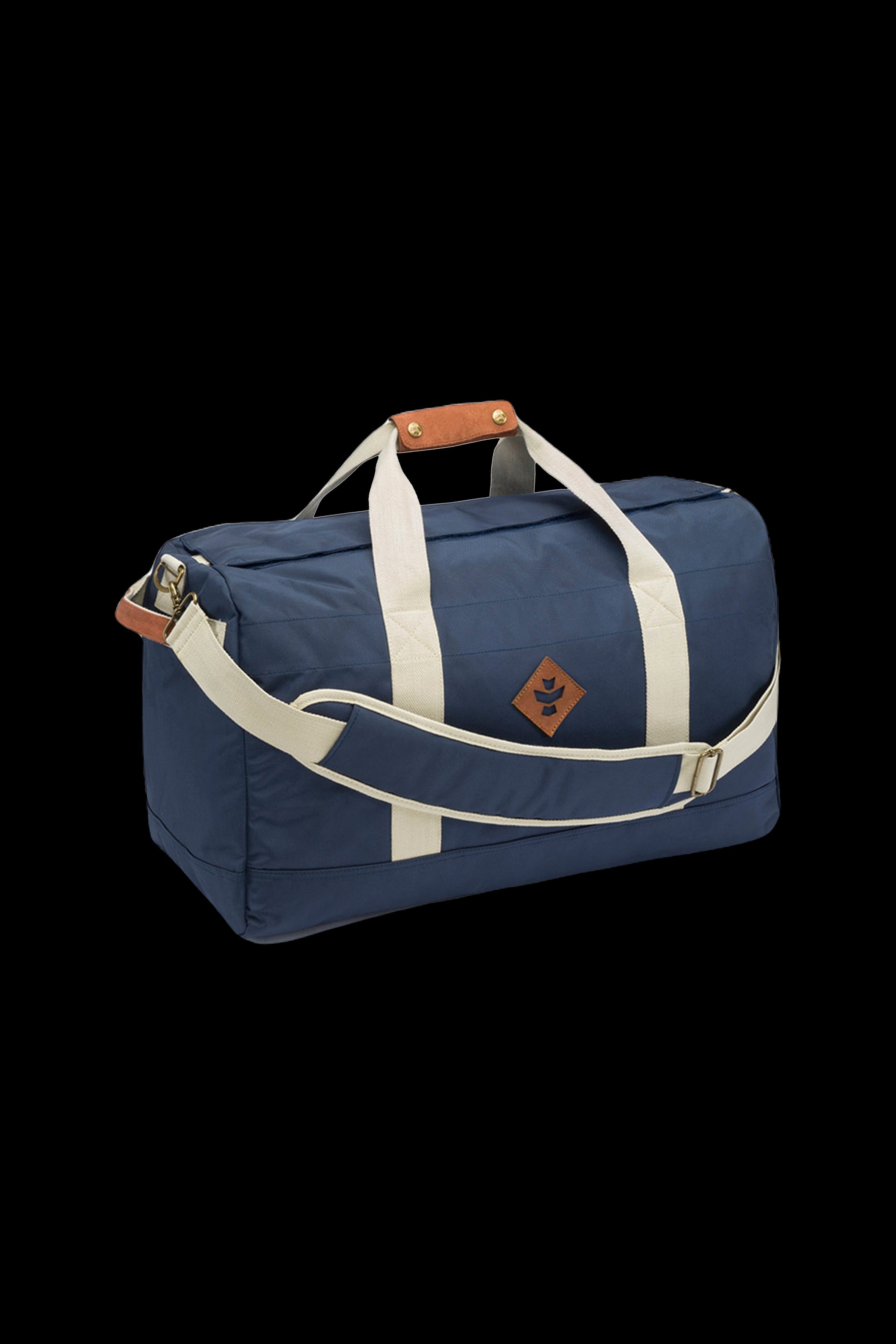 Navy blue and beige cannabis accessories duffel bag with a leaf-shaped logo.