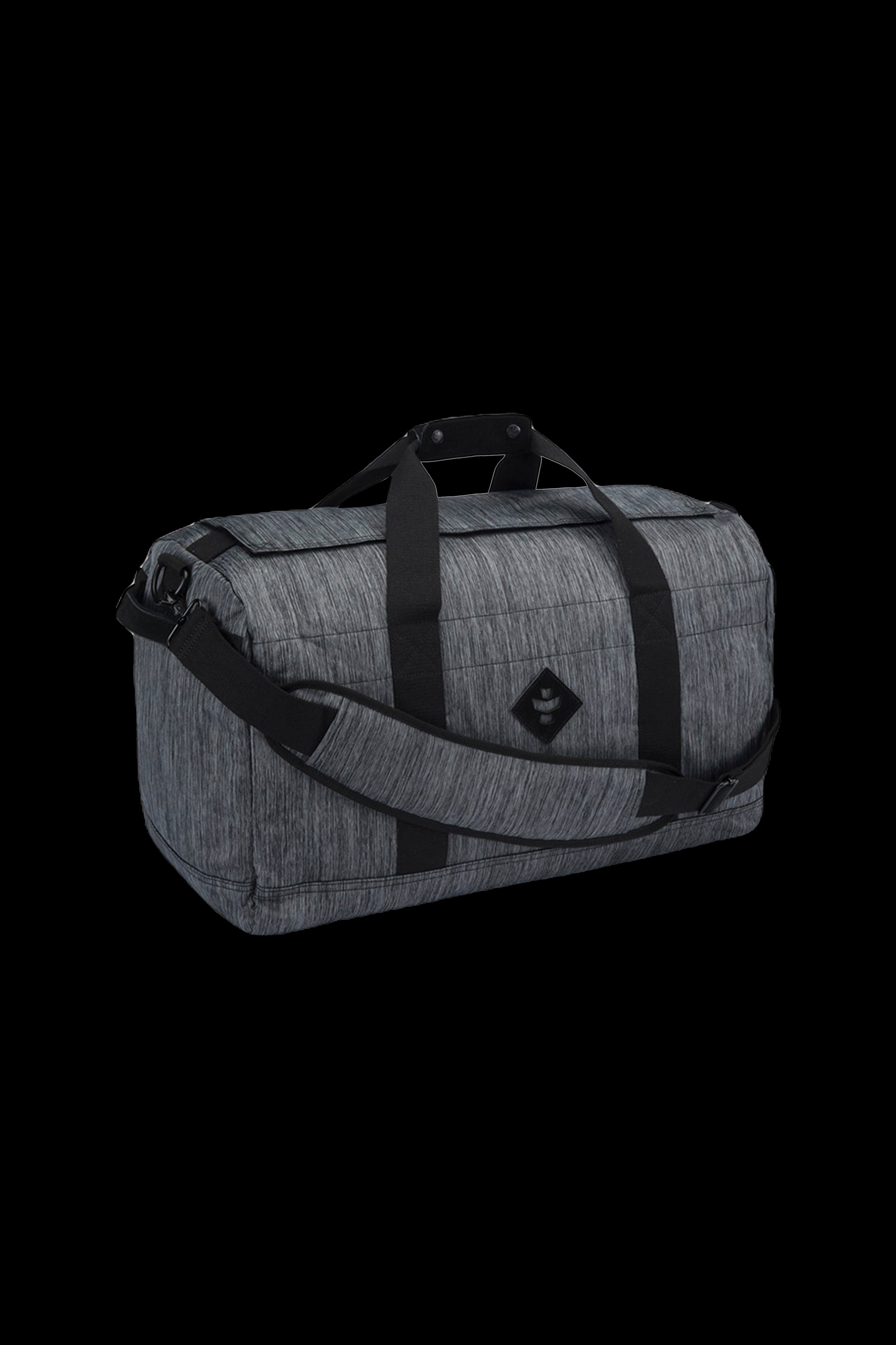 Dark grey cannabis carry bag with black straps and a diamond logo.