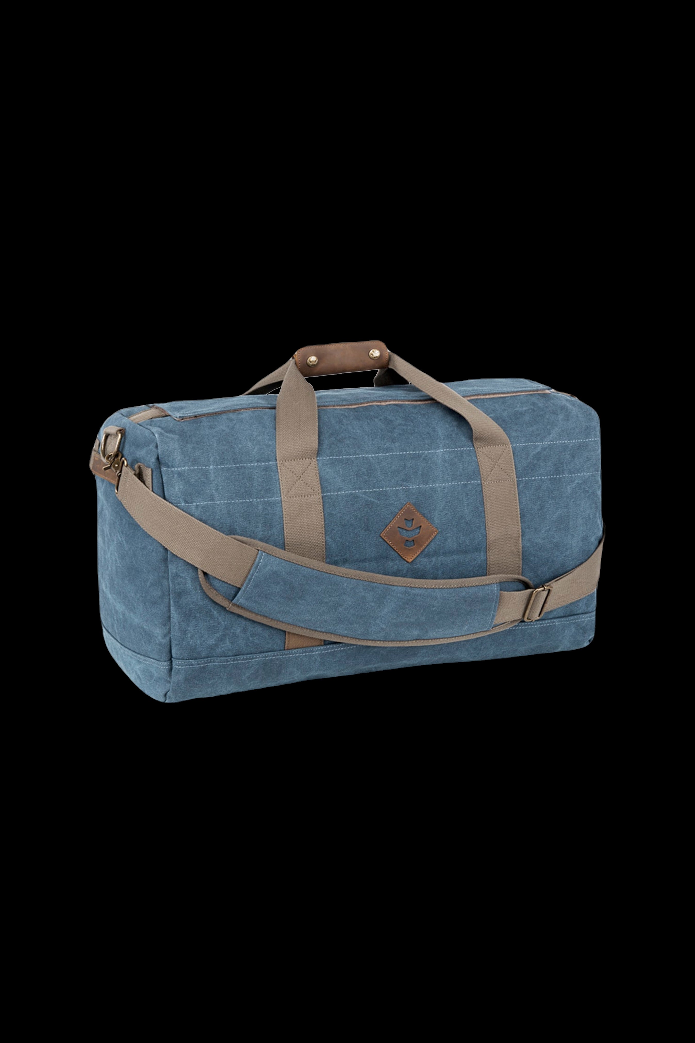 Blue canvas duffel bag with leather handles, featuring a diamond-shaped logo, likely designed for cannabis accessories or travel.