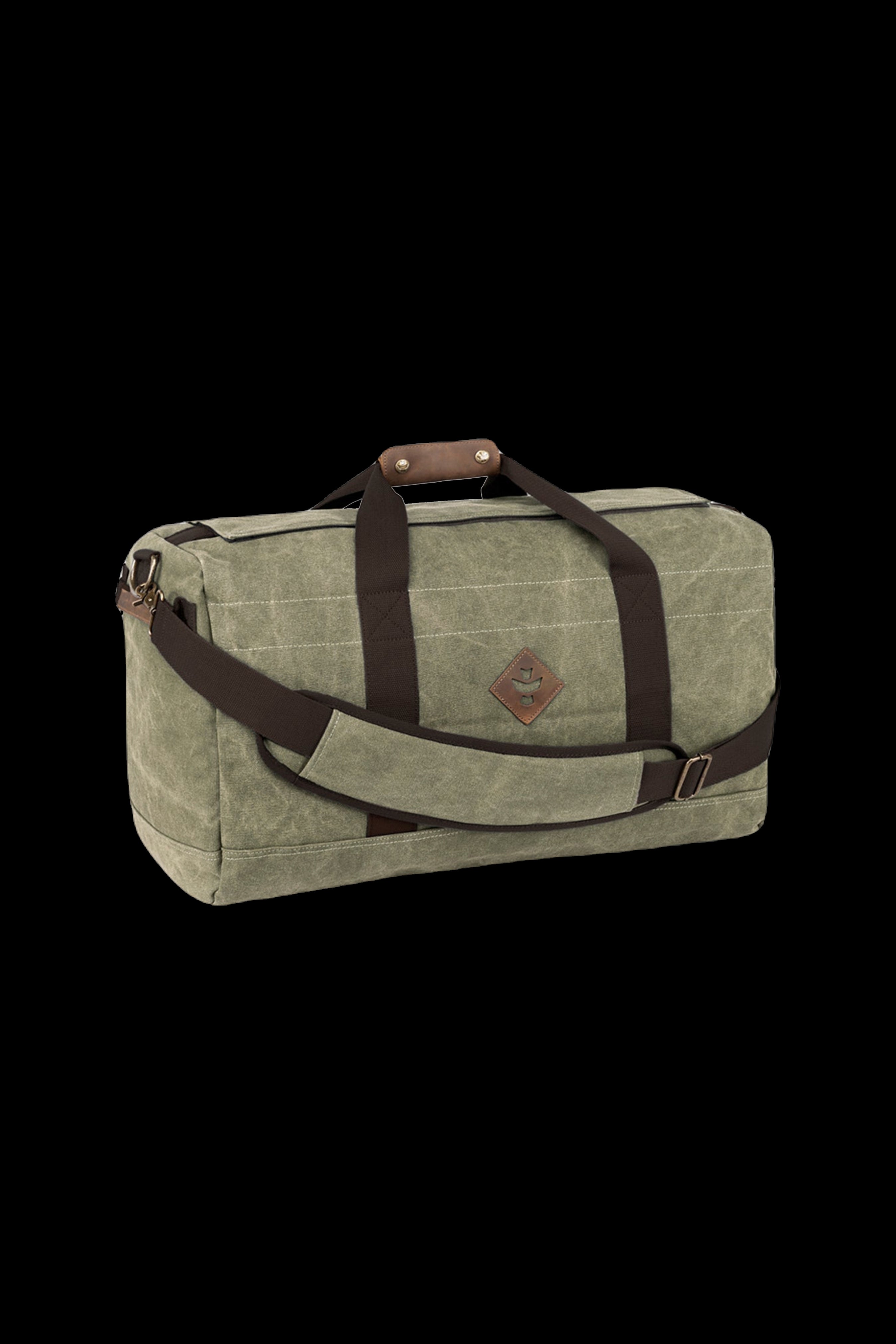 Olive green canvas duffel bag with leather straps, designed for discreet cannabis accessory storage.