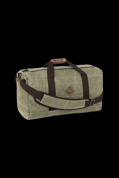Olive green canvas duffel bag with leather straps, designed for discreet cannabis accessory storage.