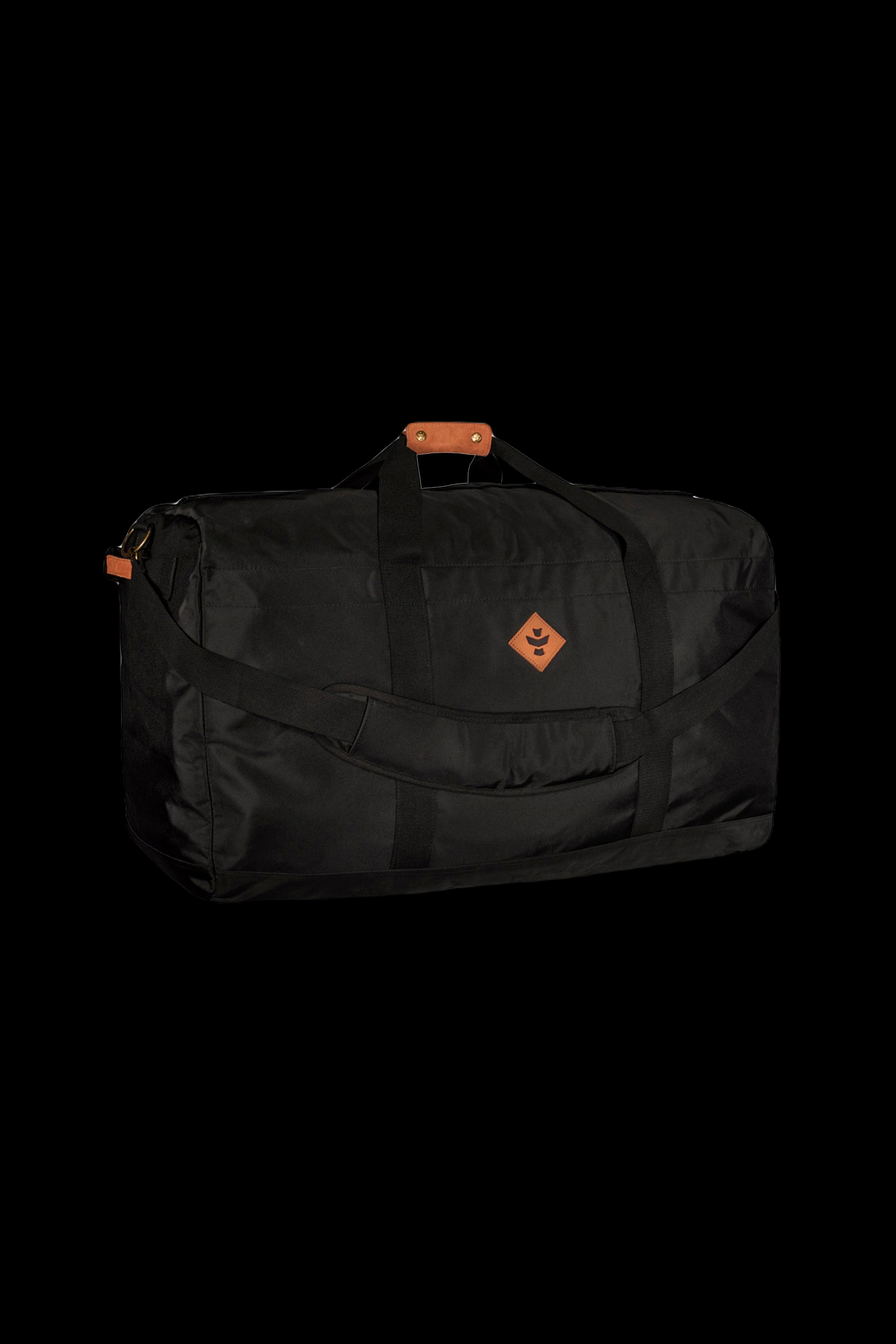 Black cannabis accessories travel bag with orange accents and a diamond-shaped logo.