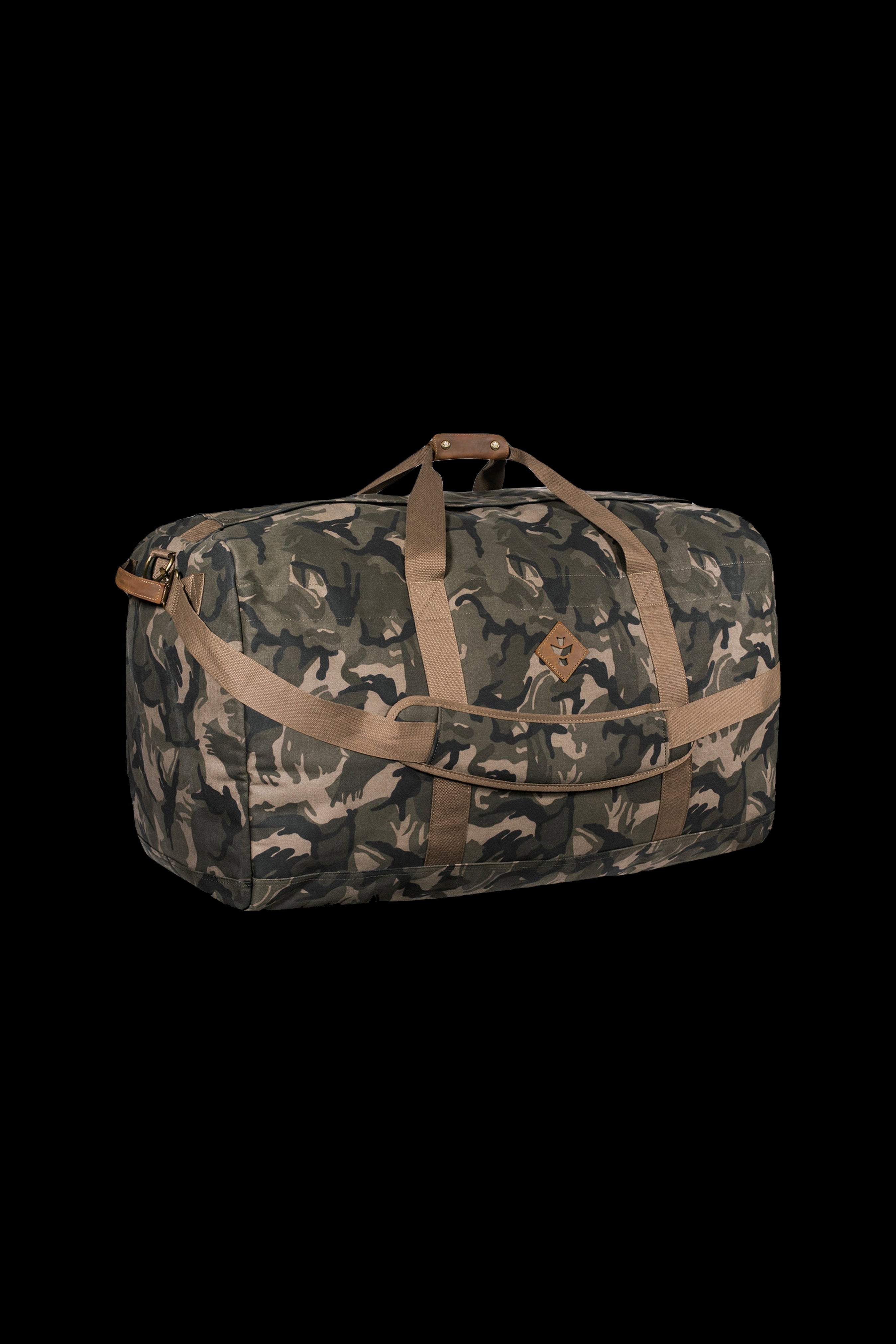 Camouflage duffel bag designed for discreet cannabis accessory transport.