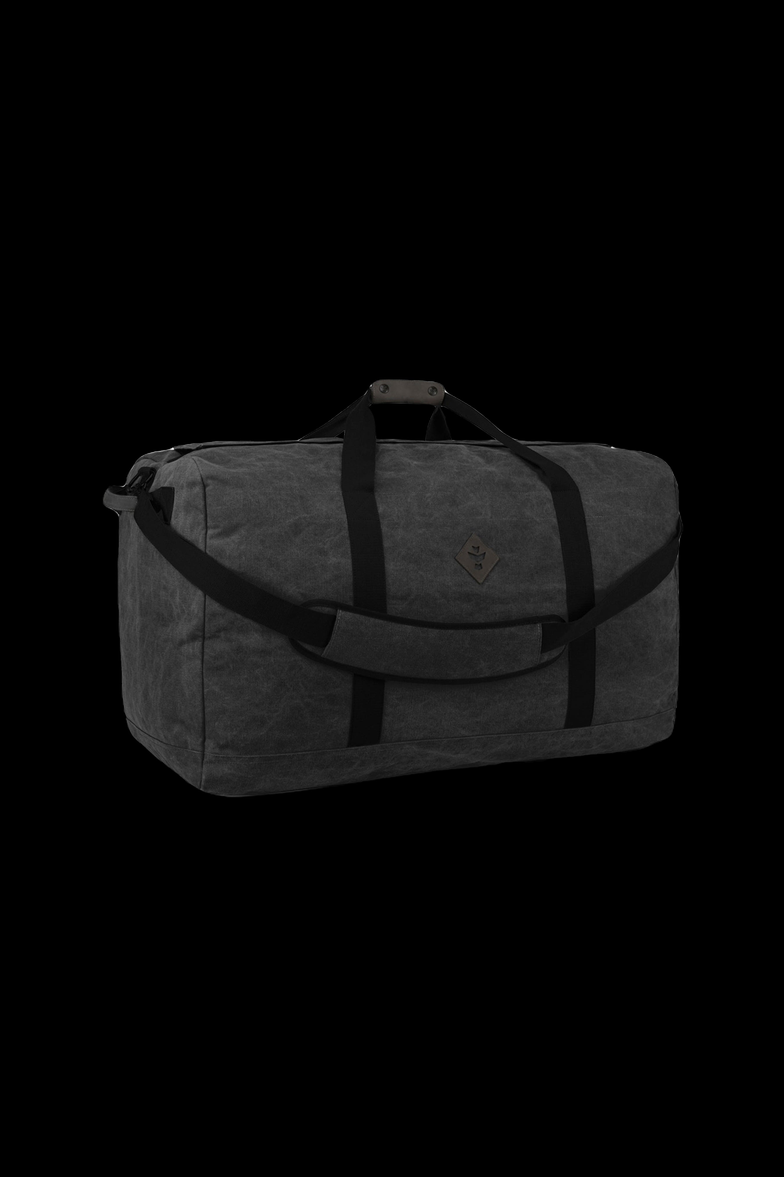 Black cannabis accessory duffel bag with discreet logo.