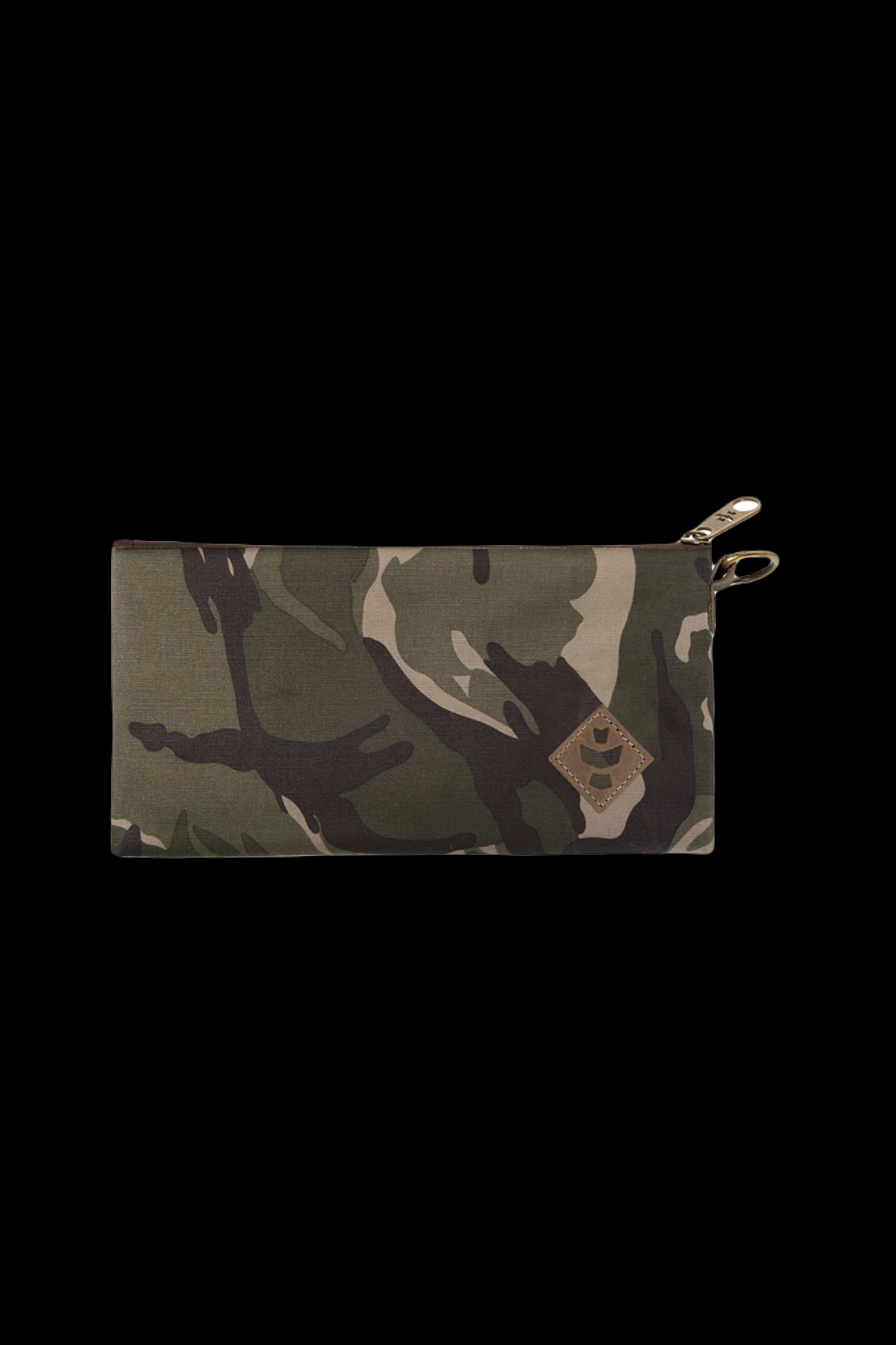 Camouflage cannabis accessories pouch with a brown leather tag.