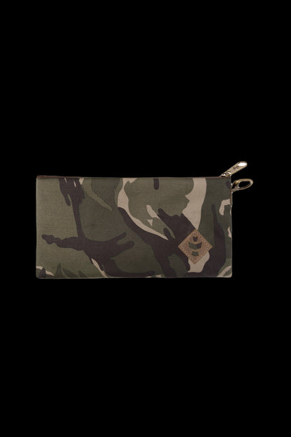 Camouflage cannabis accessories pouch with a brown leather tag.