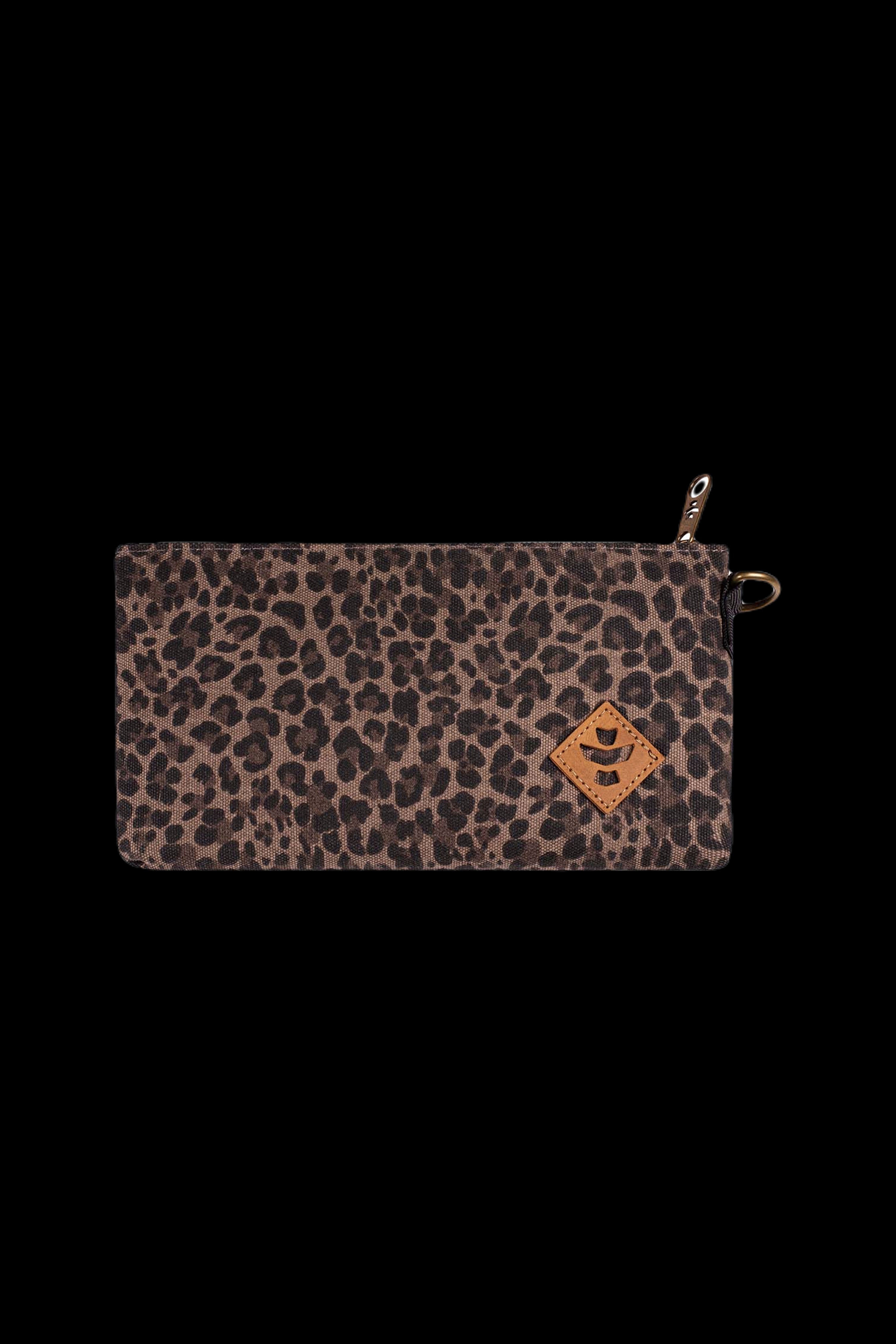 Leopard print cannabis smell-proof pouch with branded patch.