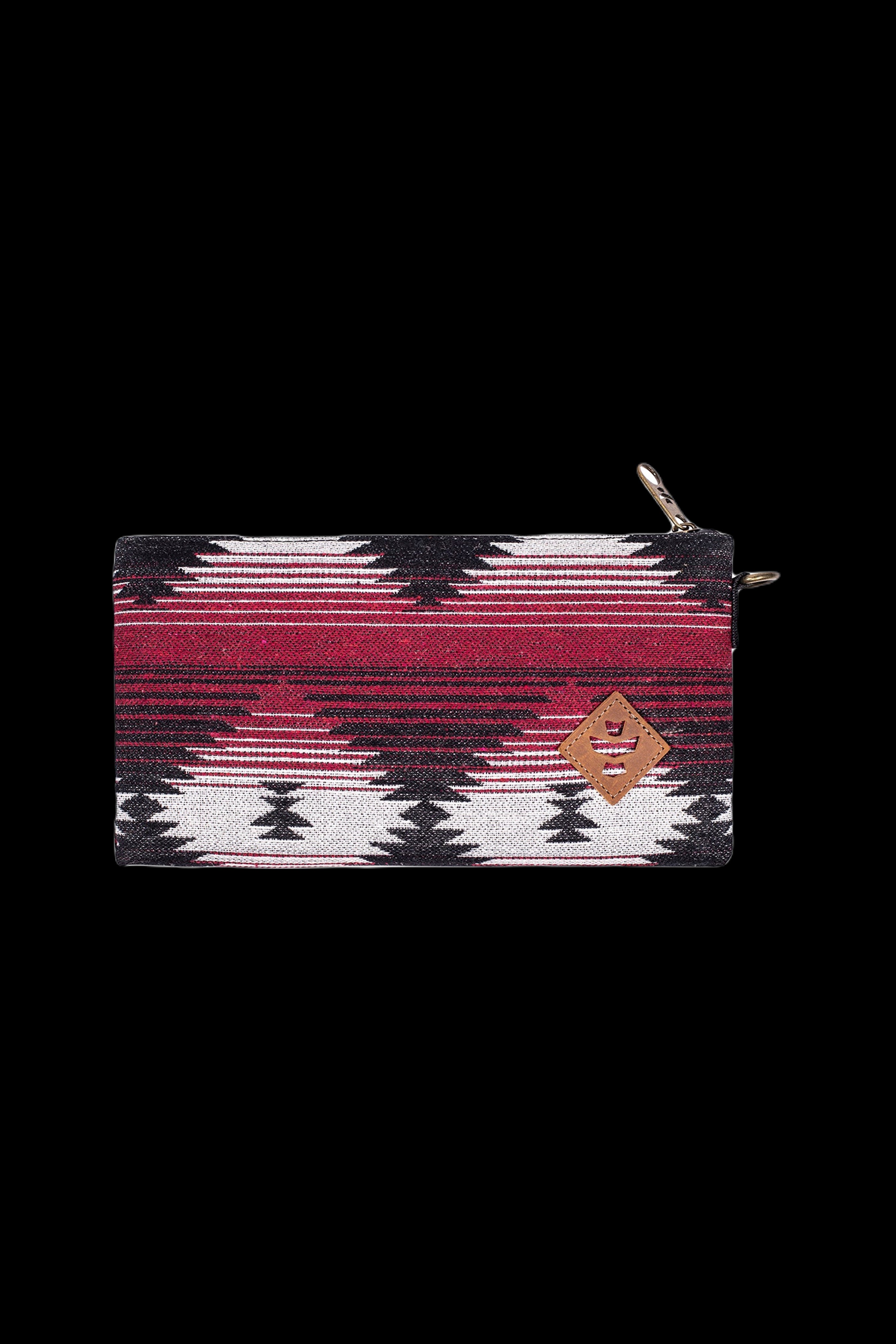 Red and black patterned zippered pouch, likely for cannabis accessories.