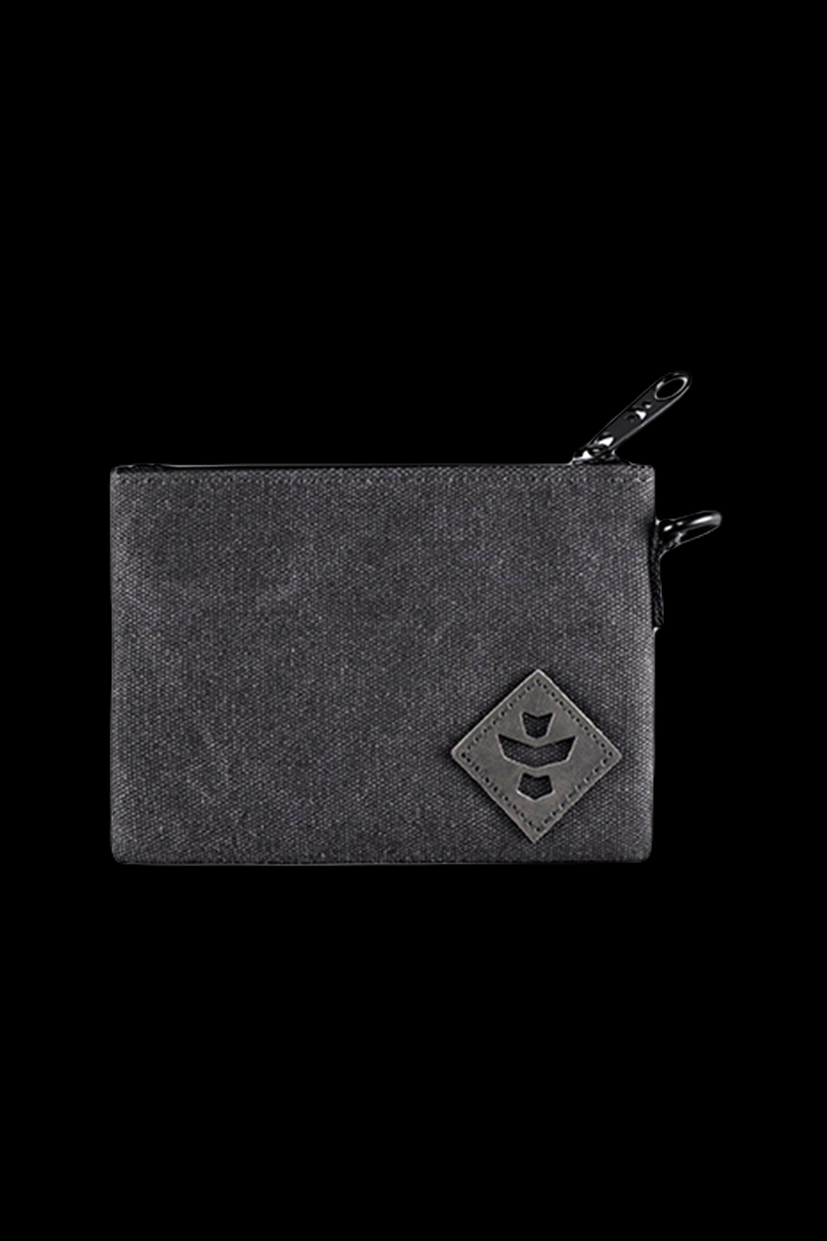 Close-up front view of the Revelry Supply Smell Proof Zippered Small Stash Bag - The Mini Broker in dark tie-dye fabric with a top zipper and stitched diamond logo.