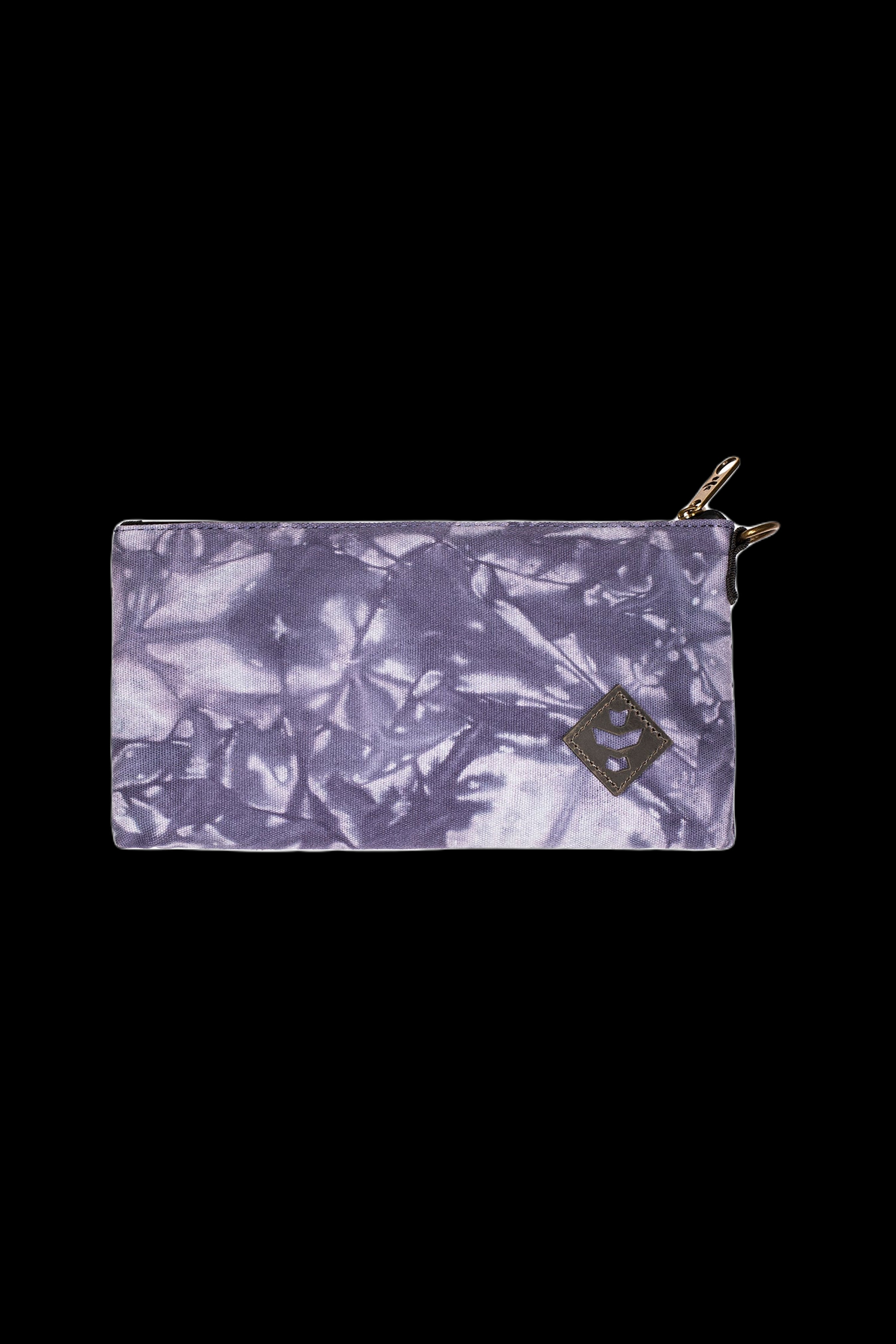 Purple cannabis leaf-patterned zippered pouch.