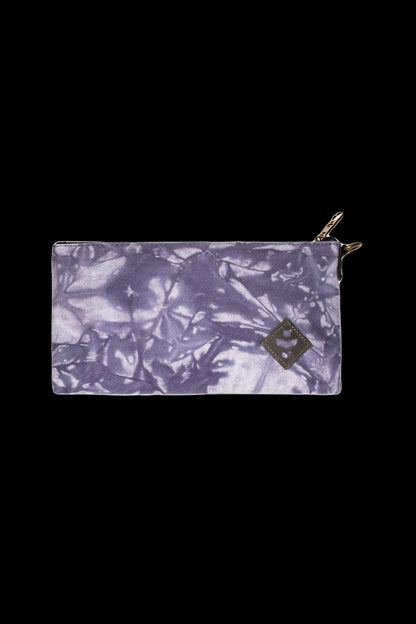 Purple cannabis leaf-patterned zippered pouch.