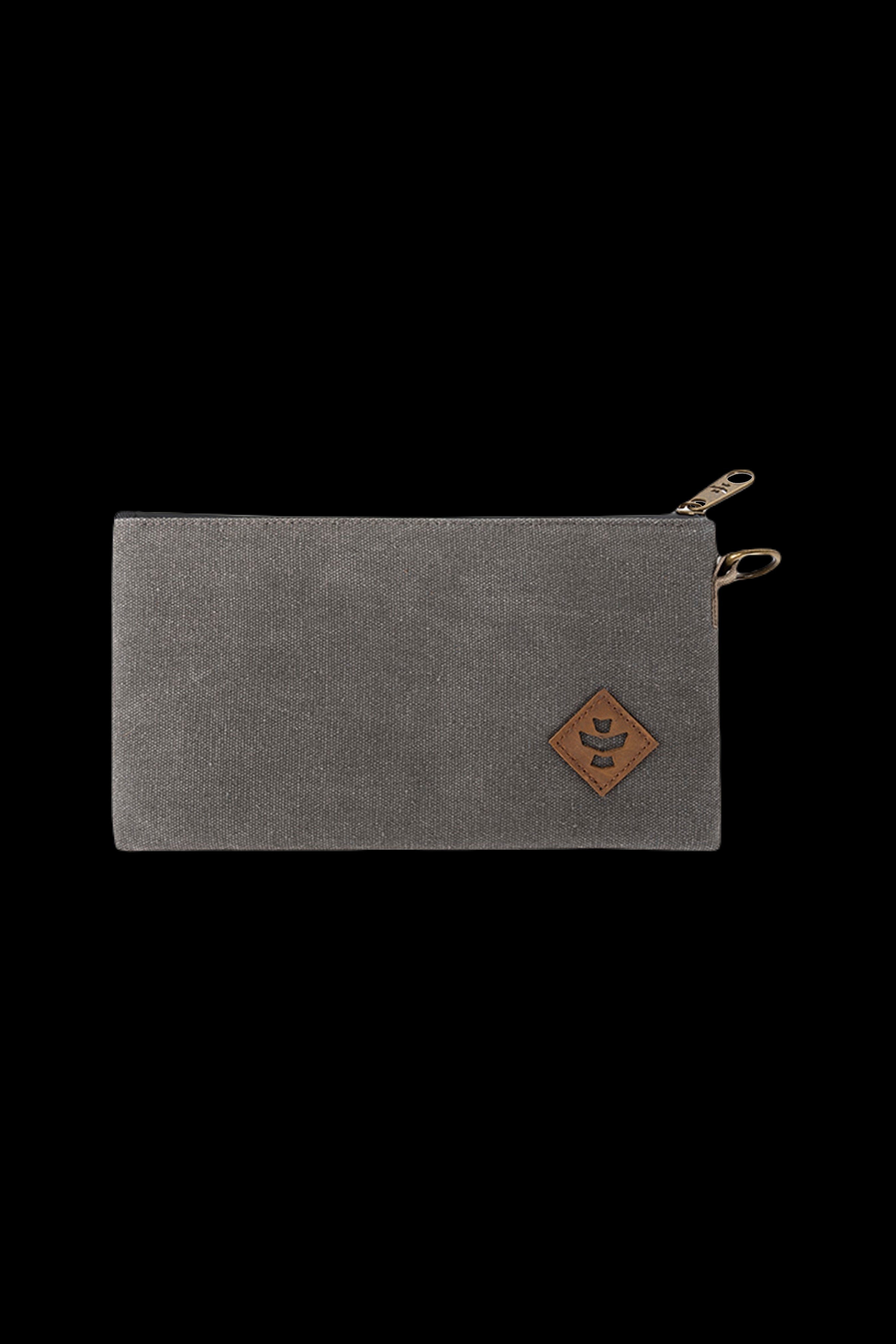 Dark gray zippered pouch with a brown leather patch featuring a diamond-shaped logo, likely for cannabis accessories.