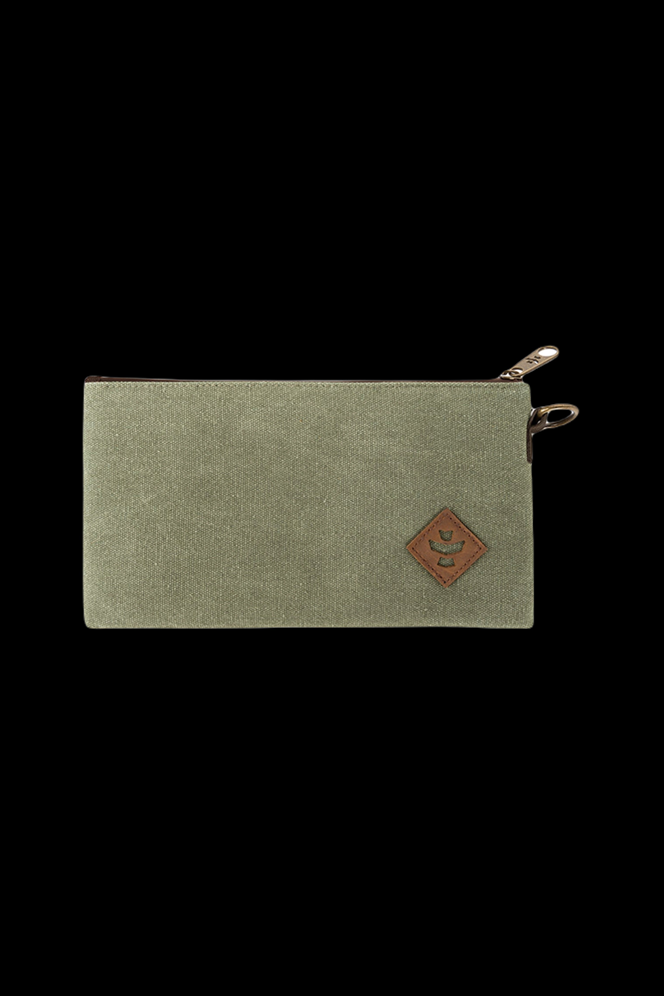Olive green cannabis accessories pouch with a brown leather logo patch.