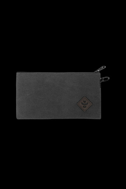 Black zippered pouch with a diamond-shaped logo, likely for cannabis accessories.