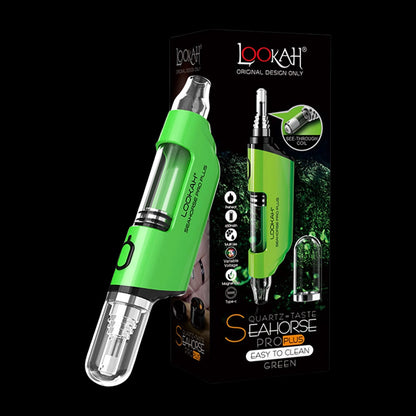 Angled close-up of a bright green Lookah Seahorse Pro Plus vaporizer against its black branded box background.