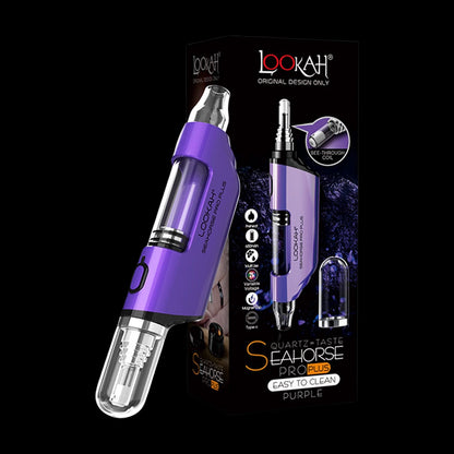 Angled close-up of the purple Lookah Seahorse Pro Plus device against its black product box, showing the clear glass tip and side window.