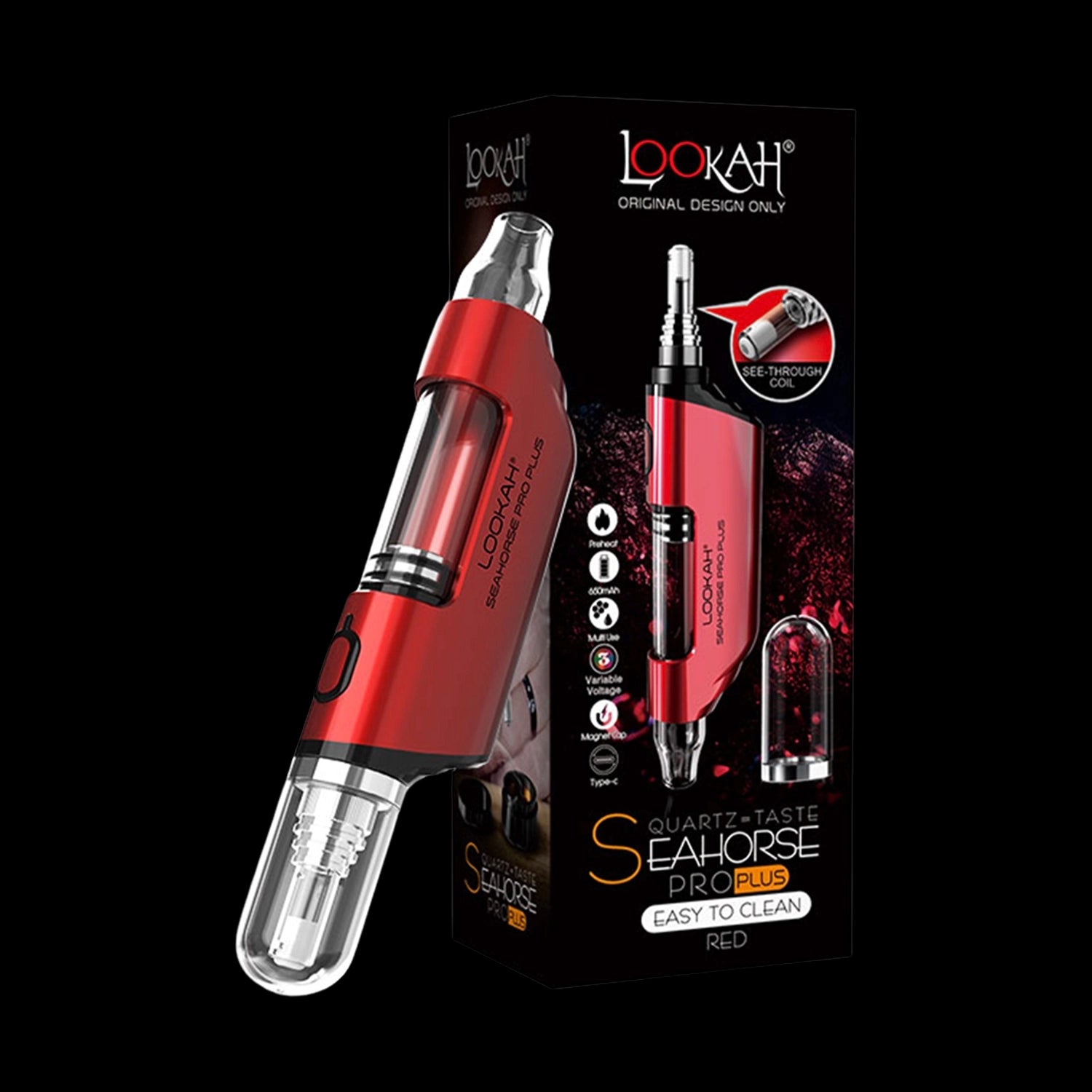 Angled close-up of a red Lookah Seahorse Pro Plus vaporizer against its black product box, showing the clear glass tip and side water chamber.