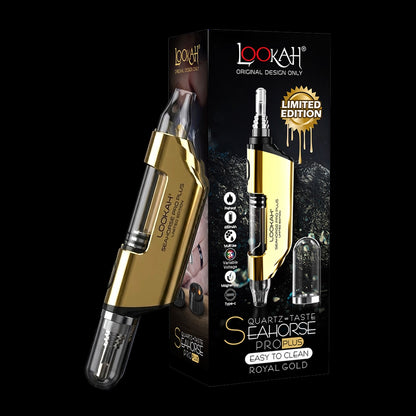 Angled close-up of a royal gold Lookah Seahorse Pro Plus vaporizer in front of its black packaging, showing the clear glass tip and reflective body.