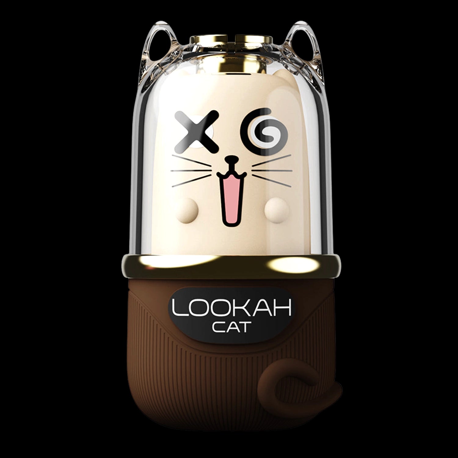 Center close-up of the Lookah Cat Vaporizer showing a clear domed top with cat ears and a cartoon cat face over a brown body.