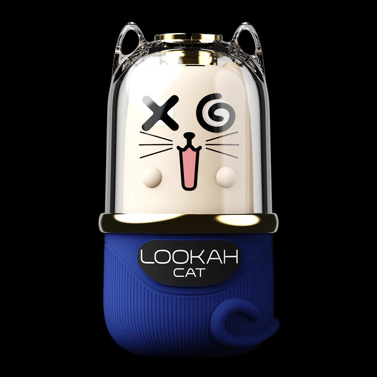Close-up front view of the Lookah Cat Vaporizer featuring a clear dome with a playful cat face and blue textured base against a black background