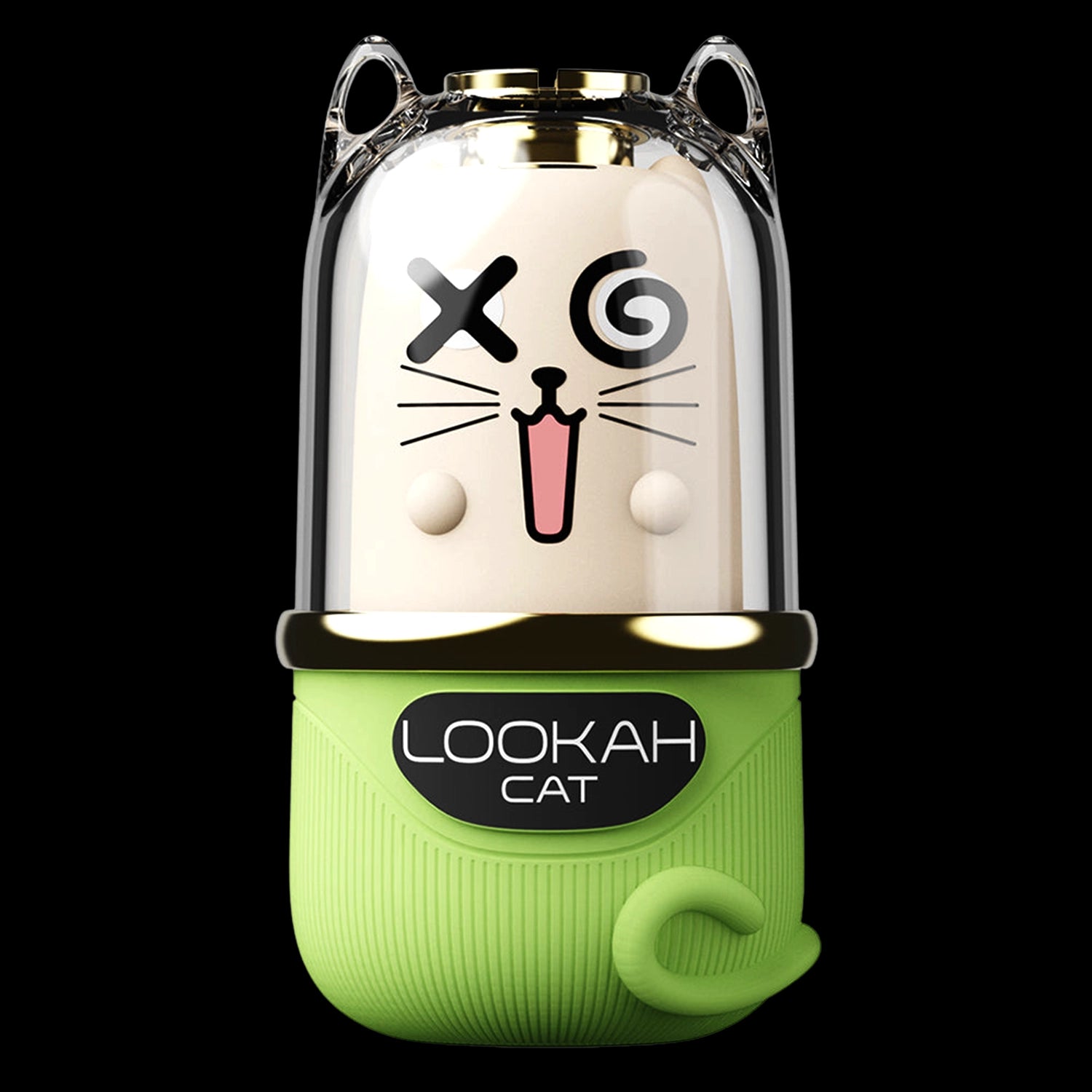 Close-up front view of the Lookah Cat Vaporizer showing a clear dome with a playful cat face and a lime green textured base.
