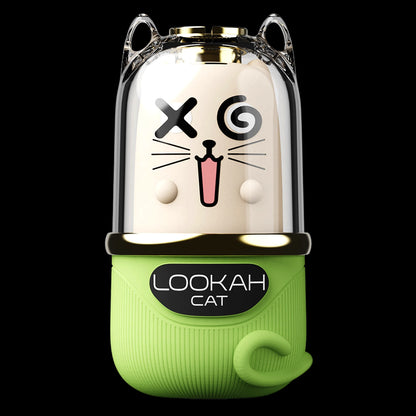 Close-up front view of the Lookah Cat Vaporizer showing a clear dome with a playful cat face and a lime green textured base.