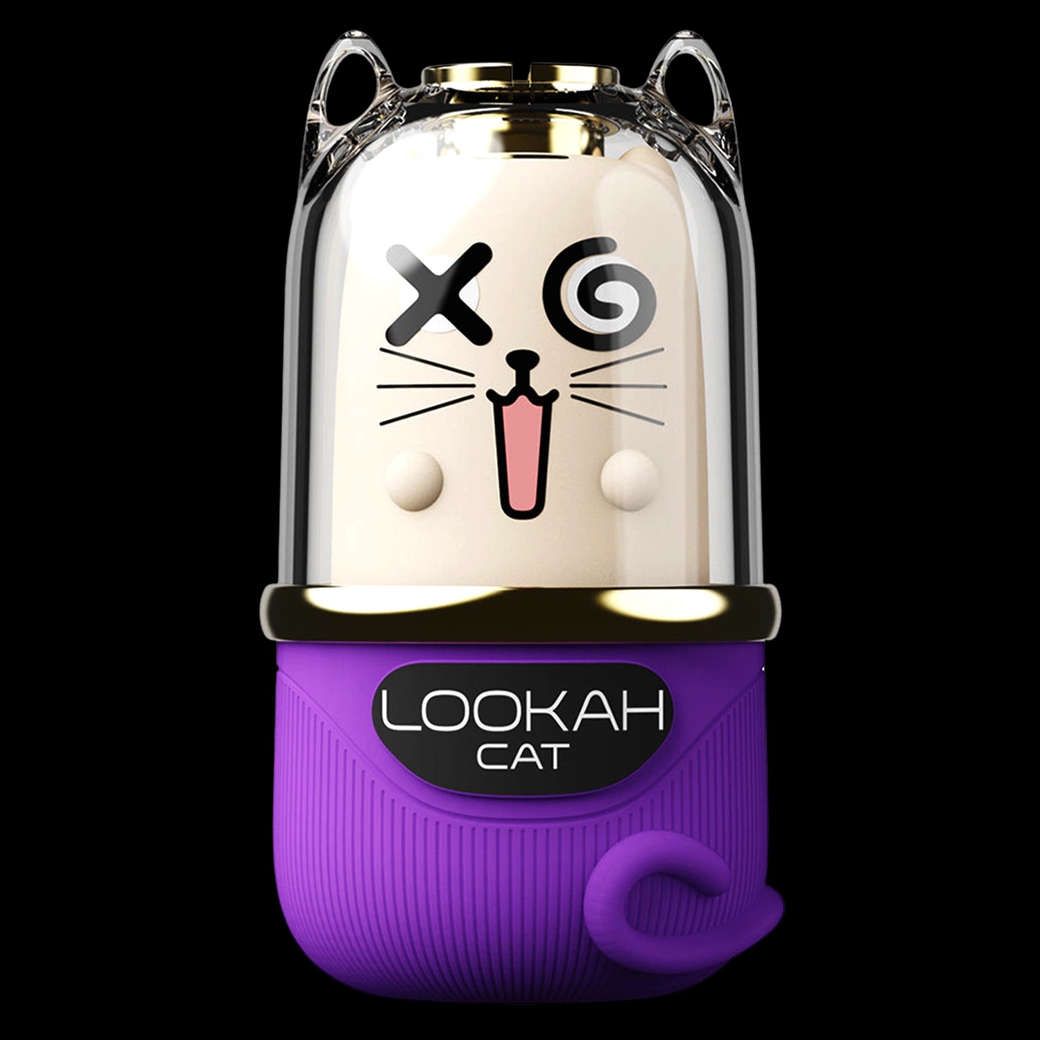 Close-up front view of the Lookah Cat Vaporizer showing a clear dome with a playful cat face and a purple textured base.
