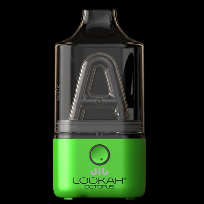 Close-up front view of the green Lookah Octopus Mini E-Rig showing the transparent top chamber and internal glass 'A' structure against a black background