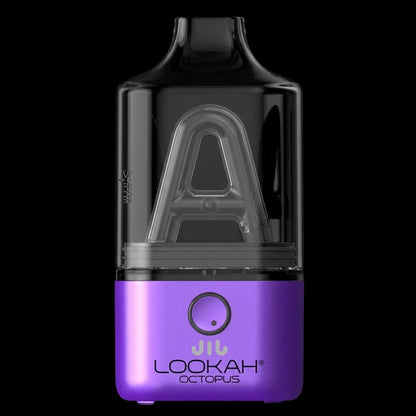 Close-up front view of the purple Lookah Octopus Mini E-Rig showing its clear mouthpiece and internal glass A-shaped chamber.