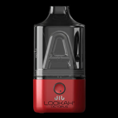 Close-up front view of the green Lookah Octopus Mini E-Rig showing its transparent top chamber, internal glass percolator and red base with a circular button.