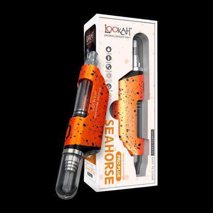 Angled close-up of the rainbow-speckled Lookah Seahorse Pro Plus held before its matching white and orange retail box on a black background.