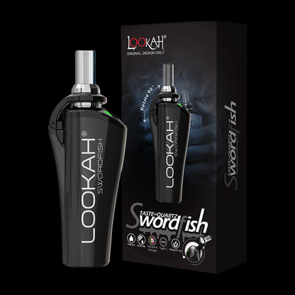 Three-quarter front view of a glossy purple Lookah Swordfish vaporizer standing beside its boxed packaging against a black background.