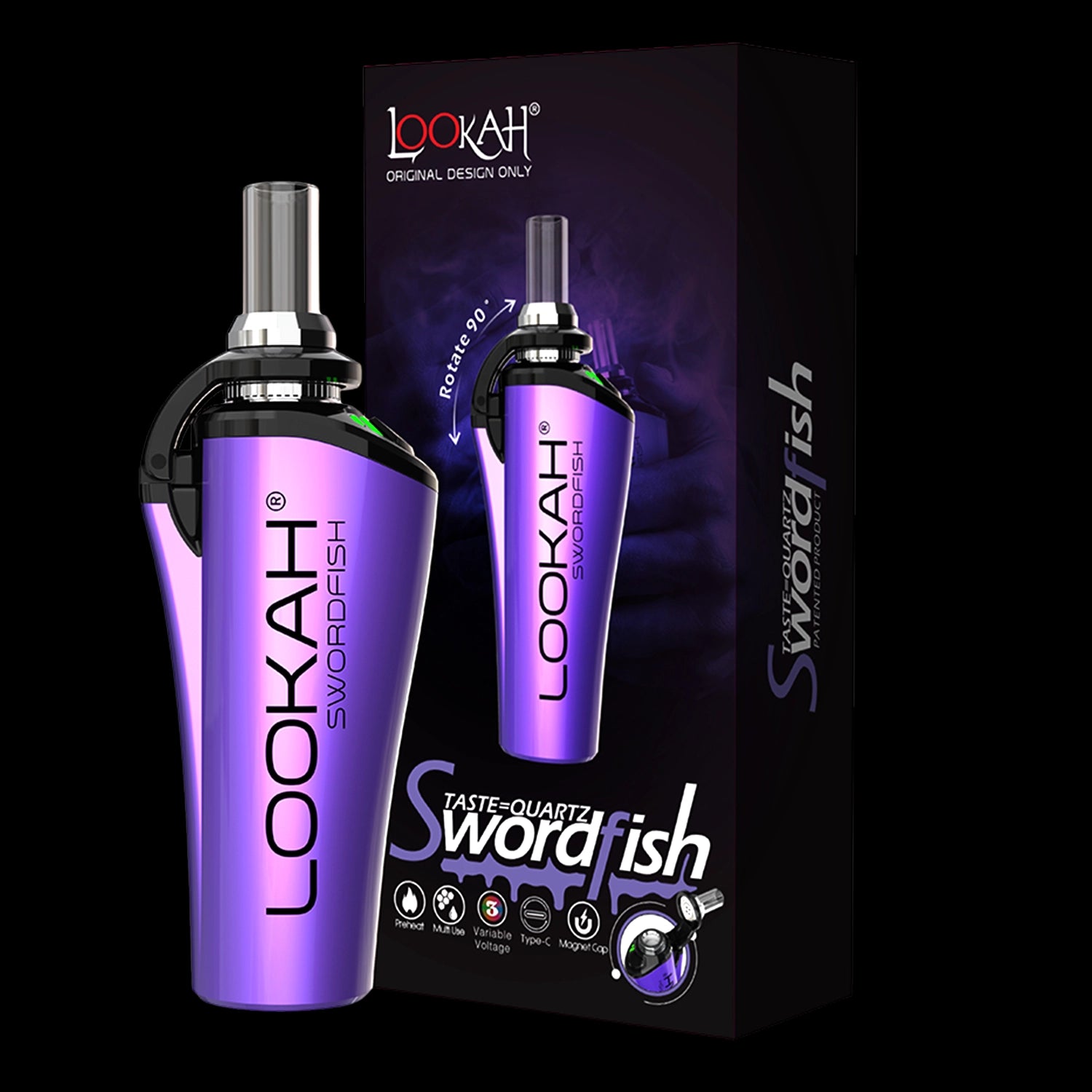 Angled close-up of a metallic green Lookah Swordfish vaporizer fronting its product box, lit to show the curved mouthpiece and glossy finish
