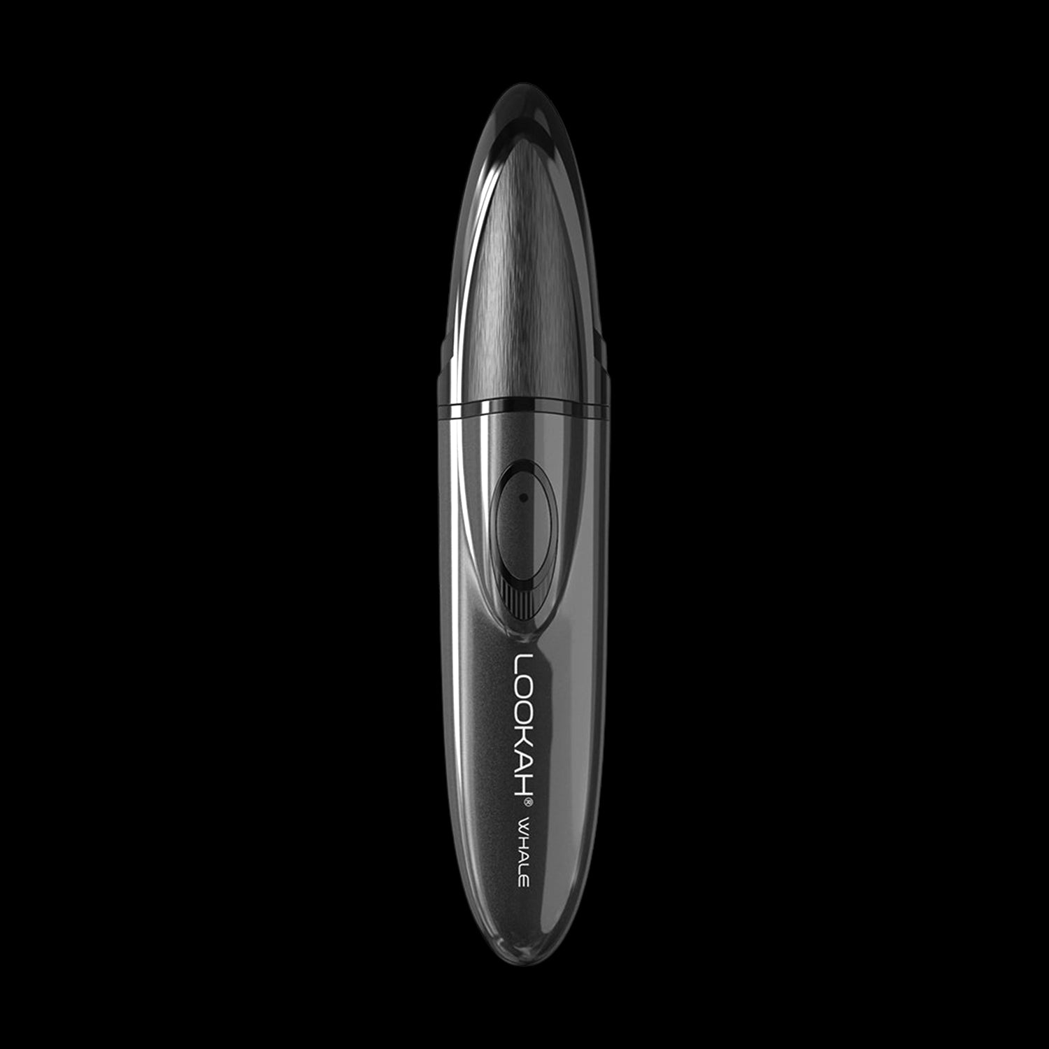 Top-down centered view of the black Lookah Whale vaporizer against a solid black background, showing its glossy body and front button.