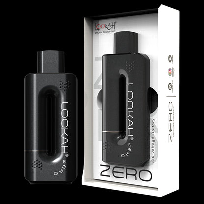 Angled close-up of the green Lookah Zero device alongside its white boxed packaging against a black background.