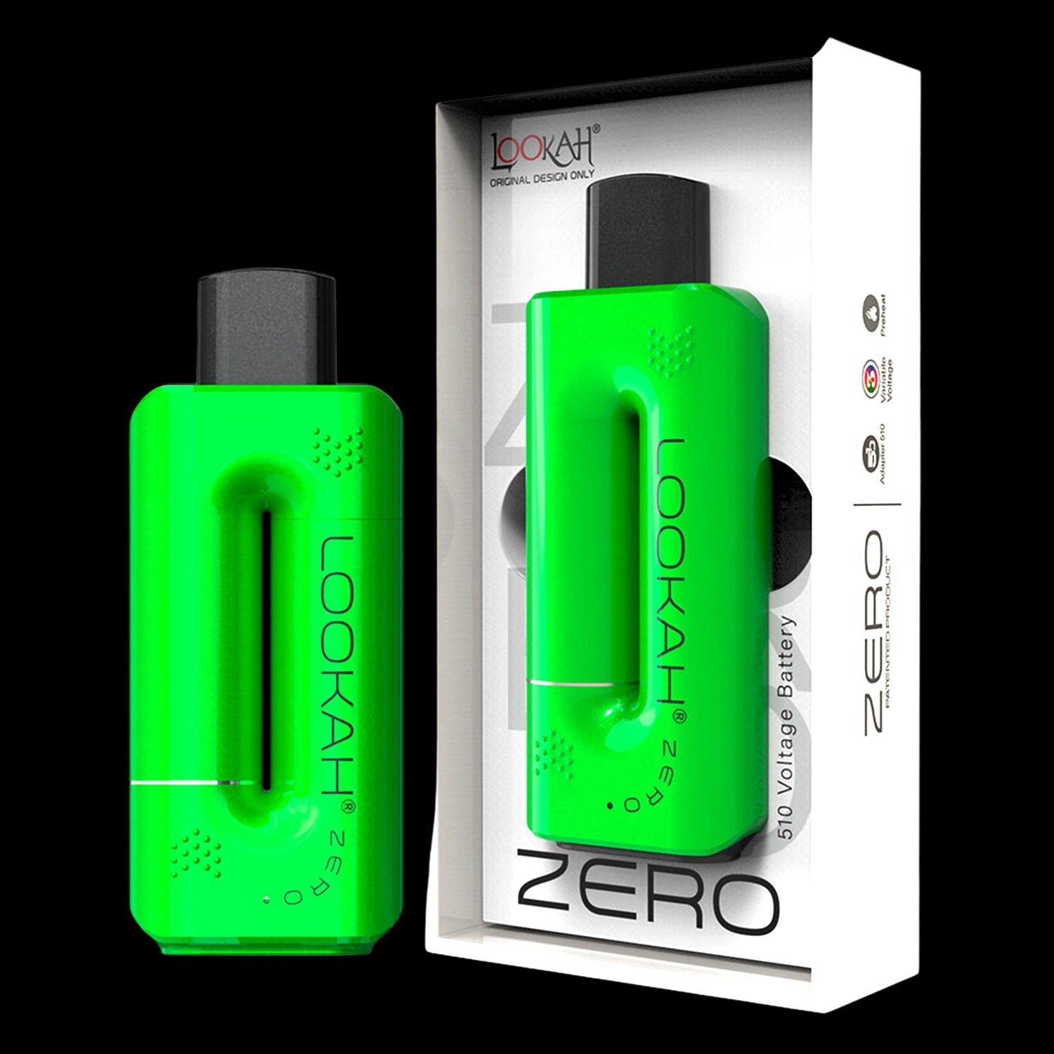 Angled close-up of a bright green Lookah Zero device shown beside its white retail box against a black background.