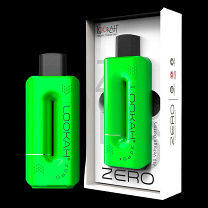 Angled close-up of a bright green Lookah Zero device shown beside its white retail box against a black background.