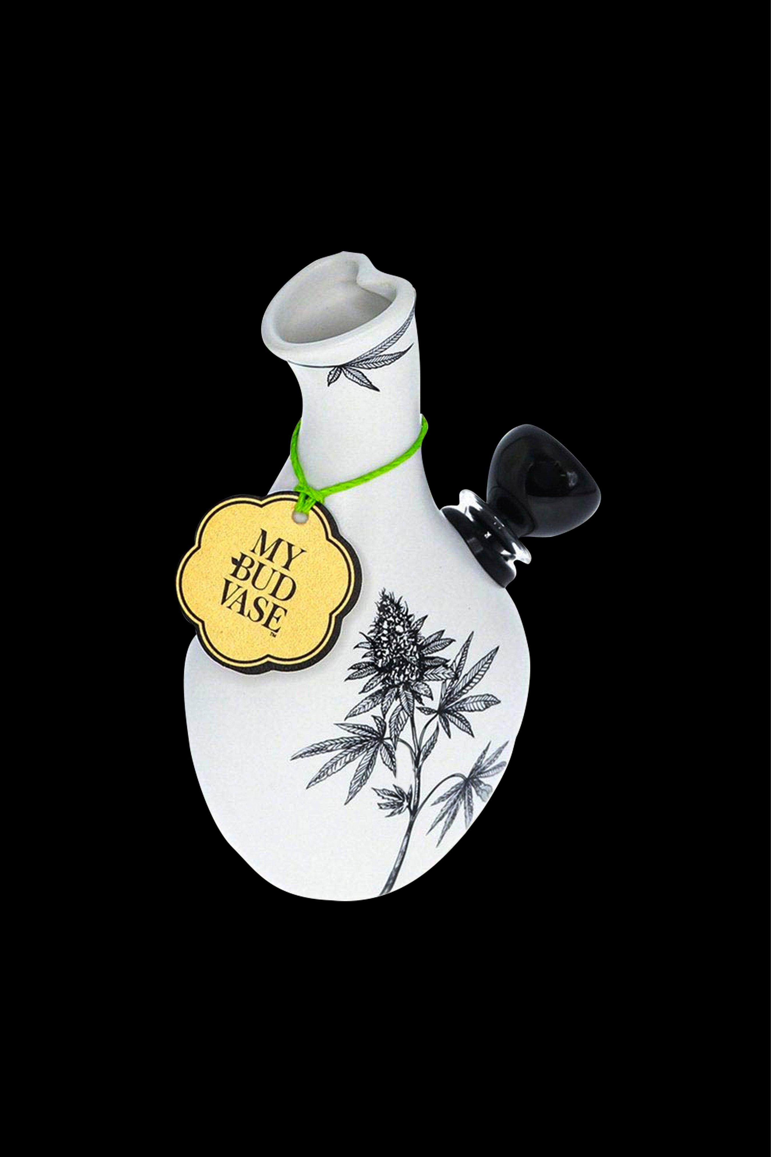 White ceramic cannabis-themed bud vase with a tag reading "My Bud Vase" and a black glass mouthpiece.