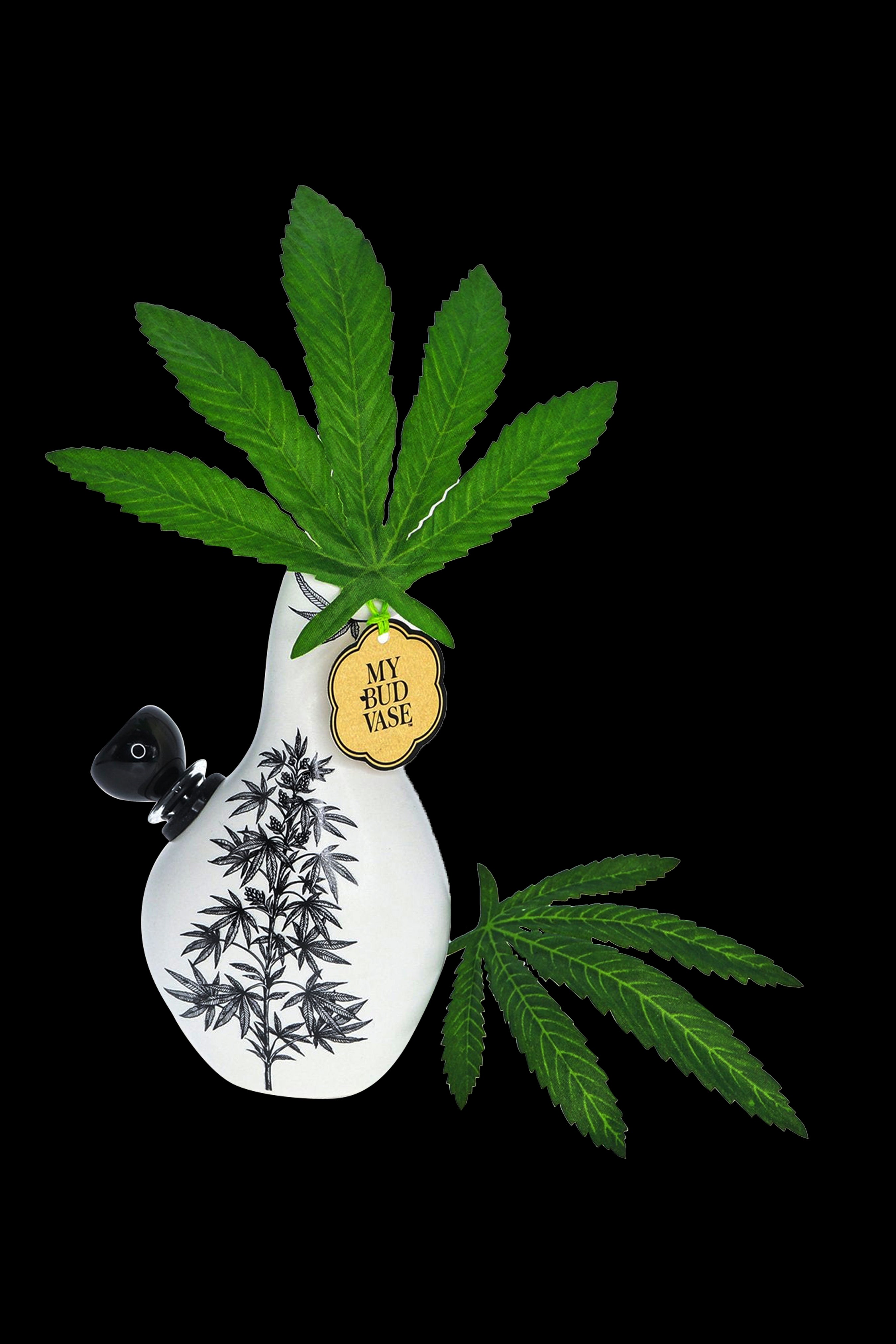 A white vase shaped like a cannabis bud with a detailed botanical illustration, displaying vibrant green cannabis leaves emerging from the top, alongside a cannabis oil vape pen.