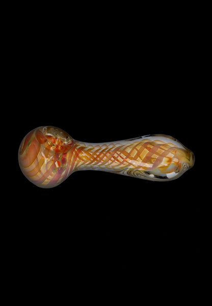 A side view of the Gold Fume Twisty Spoon Pipe, showcasing its colorful, swirling glass design.