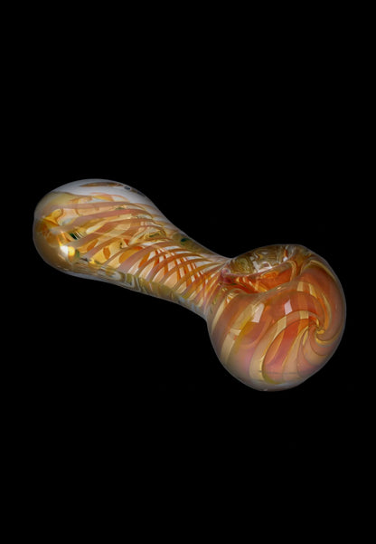 A side view of the 5-inch Gold Fume Twisty Spoon Pipe, showcasing its swirling, colorful glass design.