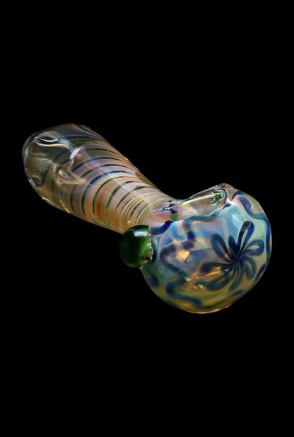 Hand pipe with iridescent floral glasswork.