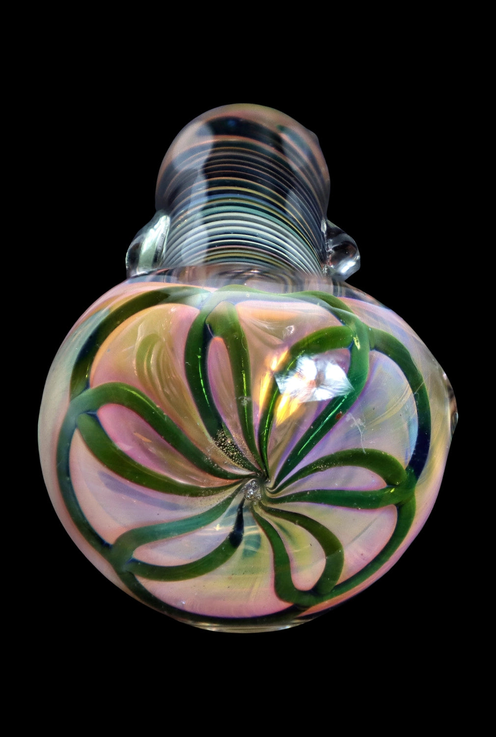 Iridescent glass cannabis water pipe with swirling green and peach floral pattern.