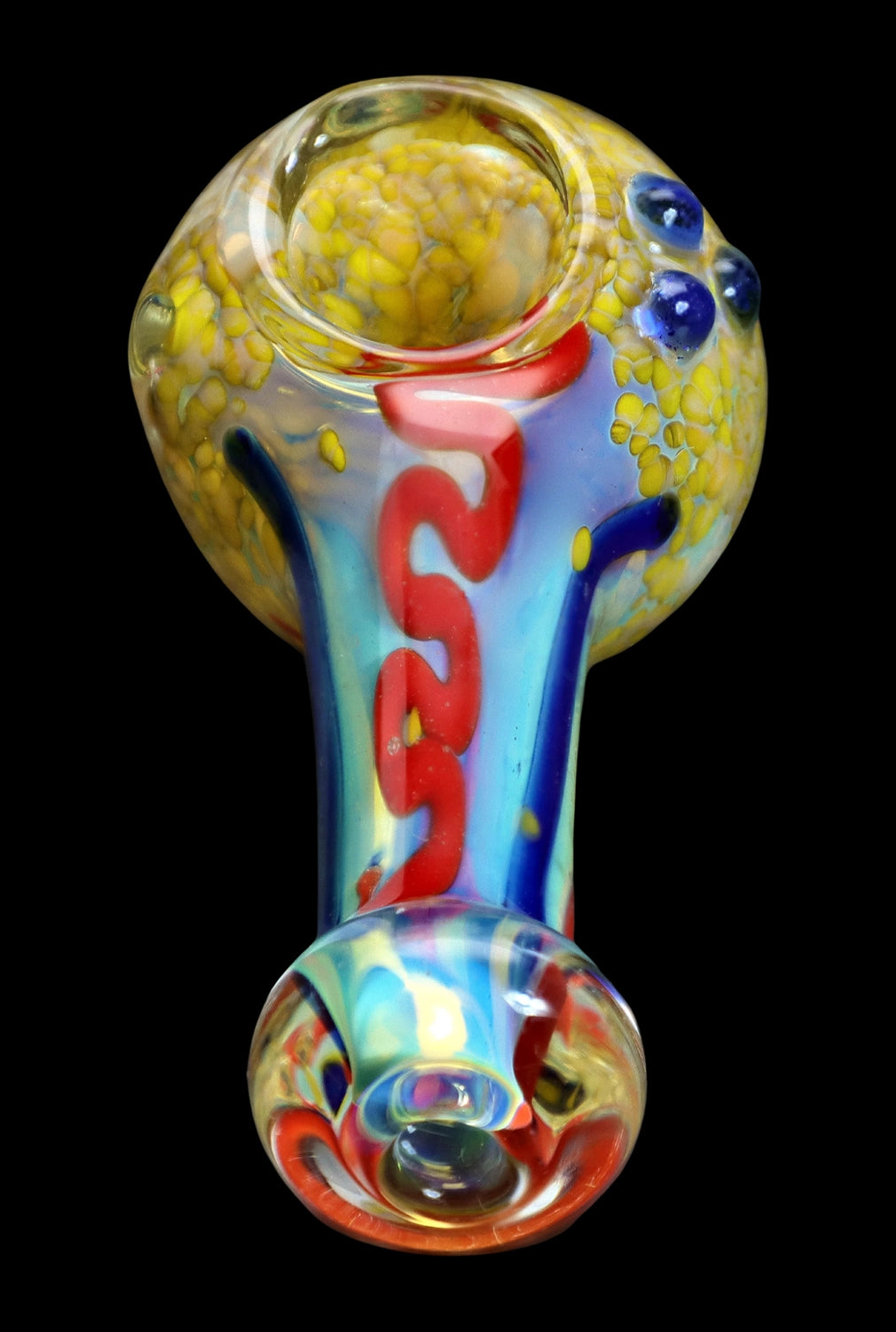 Hand-blown glass pipe with swirling red, blue, and gold patterns.